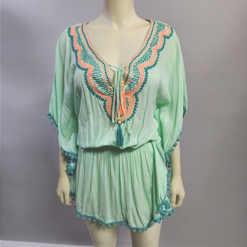 One Size Resort Mint Boho Embroidered Gauze Kaftan Angel Tunic Cruise Top NWT